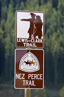 Road Sign Prints: Road sign showing the Lewis and Clark Trail and the Nez Perce Trail in Idaho