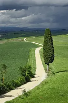Road winding through agricultural region of Tuscany with storm clouds, Italy