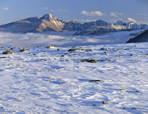 Stark Prints: ROCKY MOUNTAIN NATIONAL PARK, COLORADO. USA. Wind-blown snow & Longs Peak above clouds
