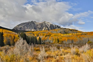 Clearing Prints: Rocky Mountains Colorado Fall Colors of Aspens, Keebler Pass, with mountain looming above