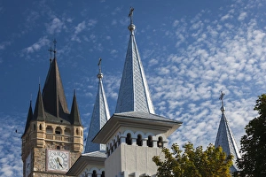 Romania, Maramures Region, Baia Mare, steeples of St. Stephans Tower and St