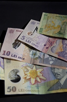 Cash Prints: Romania. Romanian currency the Lei. Assorted bills