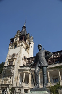 Romania, Sinaia. Neo-Renaissance Peles Castle, c. 1873. Summer residence, statue of King Carol I