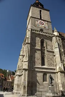 Brasov Prints: Romania, Transylvania, Brasov. The Gothic Black Church, historic bell & clock tower
