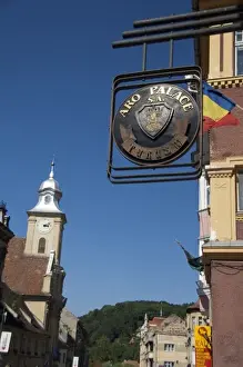 Brasov Prints: Romania, Transylvania, Brasov. Typical downtown street secen in Historic District