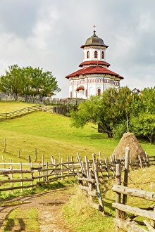 Rustic Prints: Romania, Transylvania, Carpathian Mountains. Hiking trails, fields. Village church