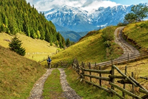 Hiking Prints: Romania, Transylvania, Carpathian Mountains. Hiking trails, fields