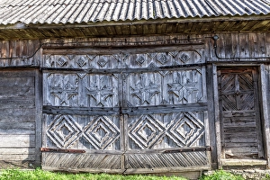 Carving Prints: Romania, Transylvania, Carpathian Mountains. Bucovina. Aspra side wood wall of barn
