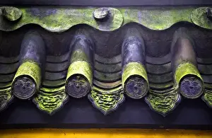Ornament Prints: Roof Tiles Faces Green Moss Baoguang Si Shining Treasure Buddhist Temple Chengdu