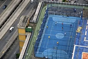 A rooftop basketball court in Sao Paulo, Brazil