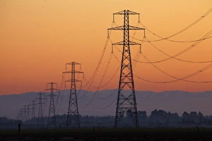 Twilight Prints: Row of power pylons at sunset, Mid Canterbury, South Island, New Zealand