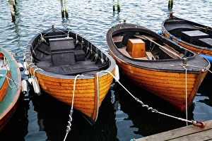 Images Dated 1st May 2024: Row of wooden moored small boats, Kyrkbacken, Sweden