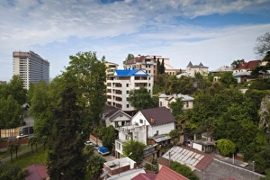 Russia, Black Sea Coast, Sochi, elevated view of town buildings