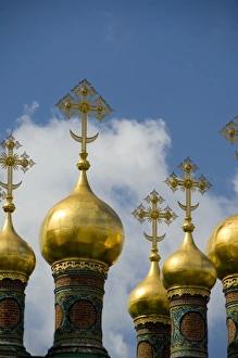 Kremlin Prints: Russia, Moscow, The Kremlin. Terem Palace, guilded cupolas top the Czarinas Golden Chamber