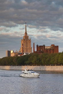Seven Sisters Prints: Russia, Moscow Oblast, Moscow, Presnya-area, Moscow River and Ukraina Hotel, one