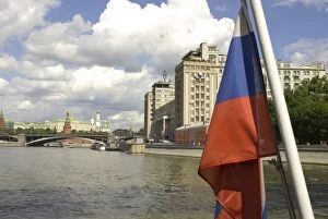 Images Dated 15th July 2007: Russia. Moscow. Russian flag and the Moscow River from a tour boat