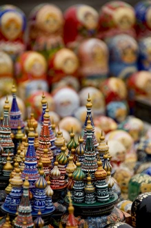 Images Dated 24th August 2008: Russia, Moscow. Typical Russian handicrafts, wooden Russian churches & matryoshka dolls