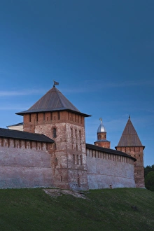 Russia, Novgorod Oblast, Veliky Novgorod, outer walls of the Novgorod Kremlin, dusk