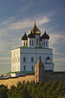 Russia, Pskovskaya Oblast, Pskov, elevated view of Pskov Kremlin from the Velikaya River