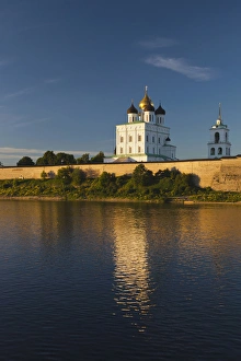 Russia, Pskovskaya Oblast, Pskov, elevated view of Pskov Kremlin from the Velikaya River