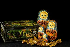 Arts And Crafts Prints: Russia, Russian handicrafts. High quality traditional painted lacquer box, matryoshka