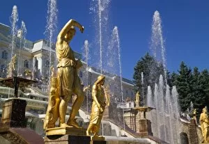 Russia, St. Petersburg, Golden statues in the Great Cascade, Peterhof Palace