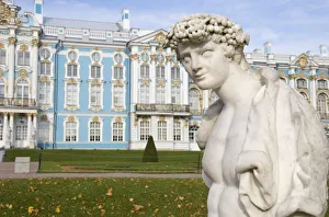 Russia, St. Petersburg, Pushkin, Catherines Palace, statue in garden, South side exterior
