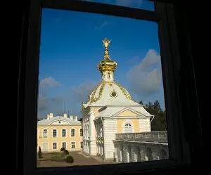 Russia, St. Petersburg. View through window of Peterhof, royal palace founded by