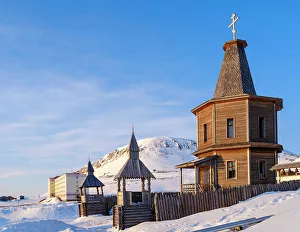 Russian Prints: The Russian orthodox church. Russian coal mining town Barentsburg at fjord Gronfjorden