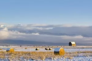Images Dated 10th December 2007: Rustic barn and hay bales after a fresh snow in the Mission Valley of Montana