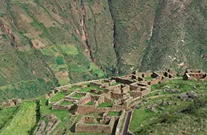 Inca Prints: SA, Peru, Urubamba Valley Inca ruins of Pisac on high bluff