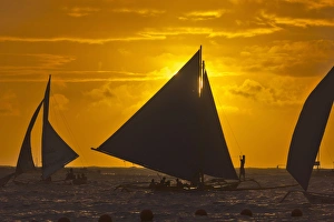 Filipino Prints: Sail boats in the ocean at sunset, Boracay Island, Aklan Province, Philippines