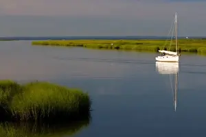 Day Light Prints: Sailboat at anchor between Great Island and the shoreline in Old Lyme in the Connecticut River
