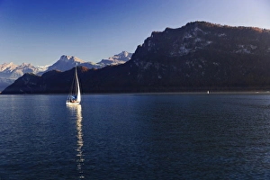 Lucerne Prints: Sailboat on Lake Lucerne and autumn colors, Lucerne, Switzerland