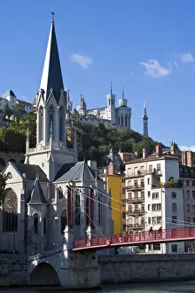 Lyon Prints: Saint Georges church, Basilique Notre Dame de Fourviere, Saone River, Lyon, Rhone, France