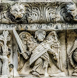 Bas Relief Prints: Saint Michael angel statue facade, Nimes Cathedral, Gard, France. Created 1100 AD