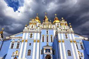Kiev Prints: Saint Michael Monastery Cathedral Steeples Spires Facade Kiev Ukraine