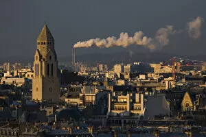 Saint Pierre de Chaillot church, smokestack on skyline of Paris, France