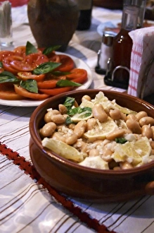 Basil Prints: Salad with white beans in an earthenware bowl. Tomato and basil salad. White beans