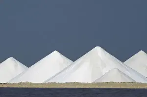 Netherlands Antilles Prints: Salt mounds and Evaporation Ponds. Sea Salt Production Plant started in the 1600 s