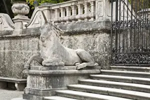Salzburg, Salzburg, Austria - Closeup of a stone unicorn. It is resting on a pillar