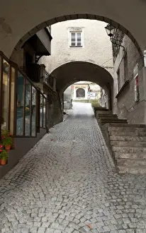 Salzburg, Salzburg, Austria - Low angle view from the bottom of an arched walkway