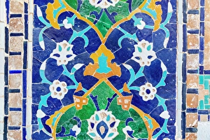 Images Dated 5th April 2024: Samarkand, Uzbekistan, Central Asia. Decorative tile work on a building in the Registan