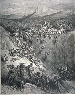 Gustave Dore Prints: Samson destroys Philistines. 19th cent. engraving by Gustave Dore. Copyright