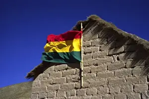 Waving Prints: San Antonio, Bolivia, Bolivian flag waving from a mud brick hut in the High Altiplano