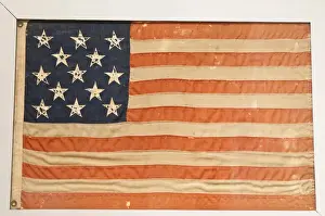 Patriotism Prints: San Diego, California. An original thirteen colony USA flag, Mission Basilica San