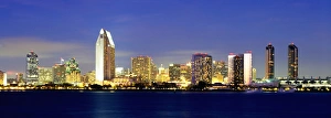 Twilight Prints: San Diego skyline at dusk, viewed from Coronado Island in Mission Bay