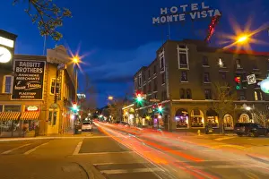 Traffic Prints: San Francisco Street at dusk in historic downtown Flagstaff, Arizona, USA
