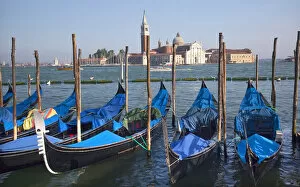 San Giorgio Maggiore Church and Bell Tower Blue Gondolas Grand Canal Venice Italy