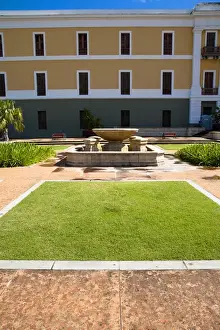 Water Feature Prints: San Juan, Puerto Rico - A hotel fountain in a courtyard is sitting with no water in it